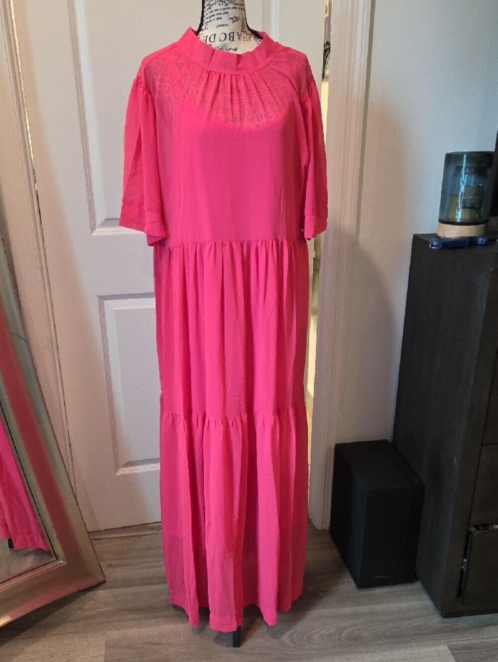 Tiered Pink Maxi Dress with High Neck And Tank Under Dress Size L, New In Bag!